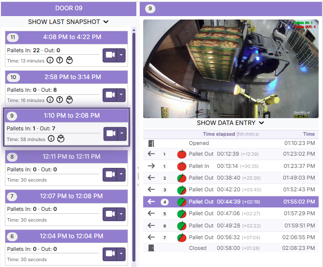 DoorWiz Door 09 view: event list with pallets in and out, camera snapshot of a forklift moving a produce pallet, and timestamped pallet in/out data entry